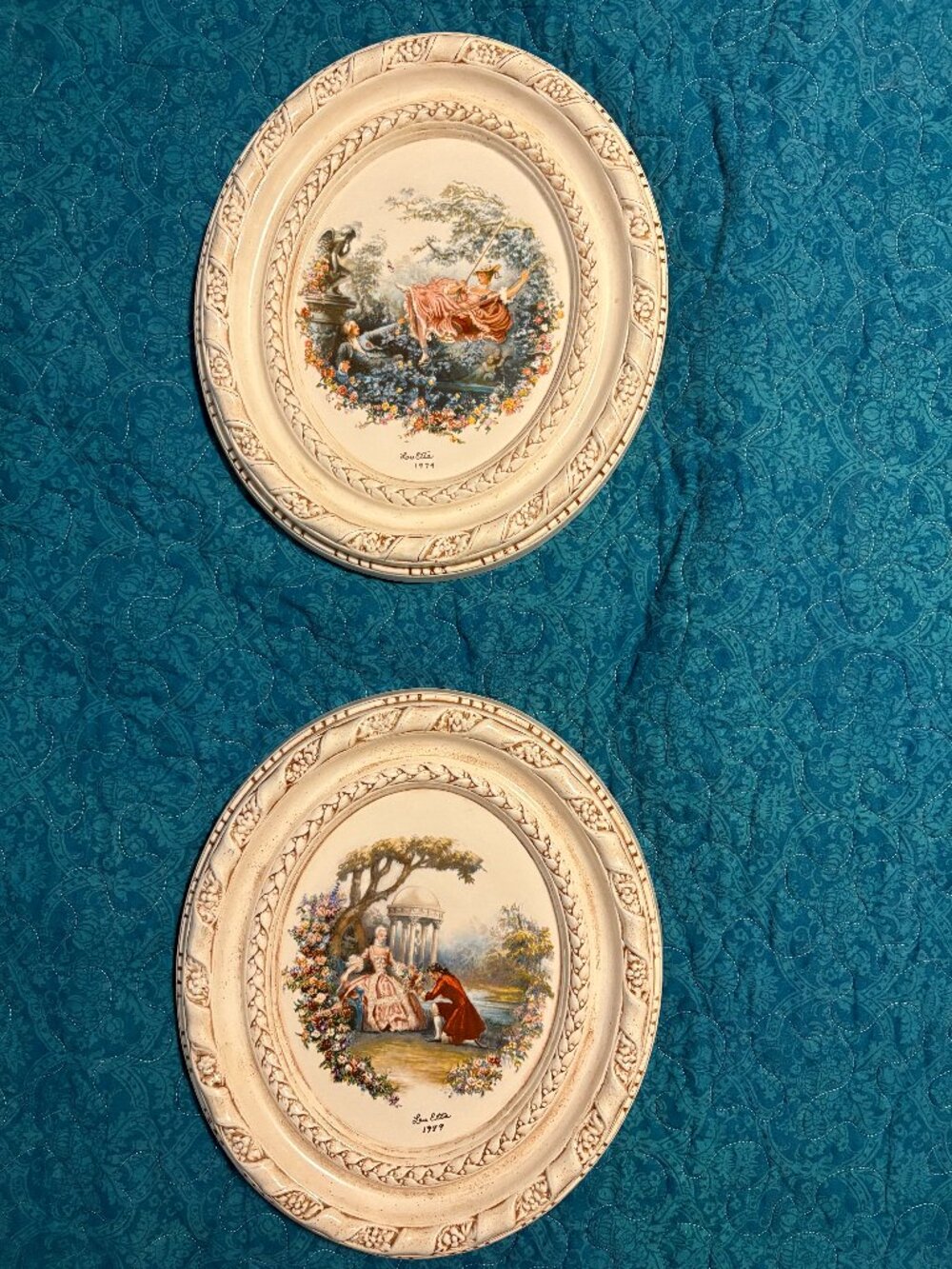 2 Vintage Oval Decorative Plates w/Romantic Scene Lady on Swing 1979